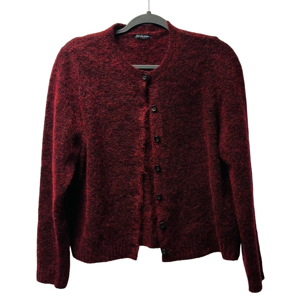 Eileen Fisher Cardigan S Burgundy Mohair Wool Capsule Fuzzy Layering Academia